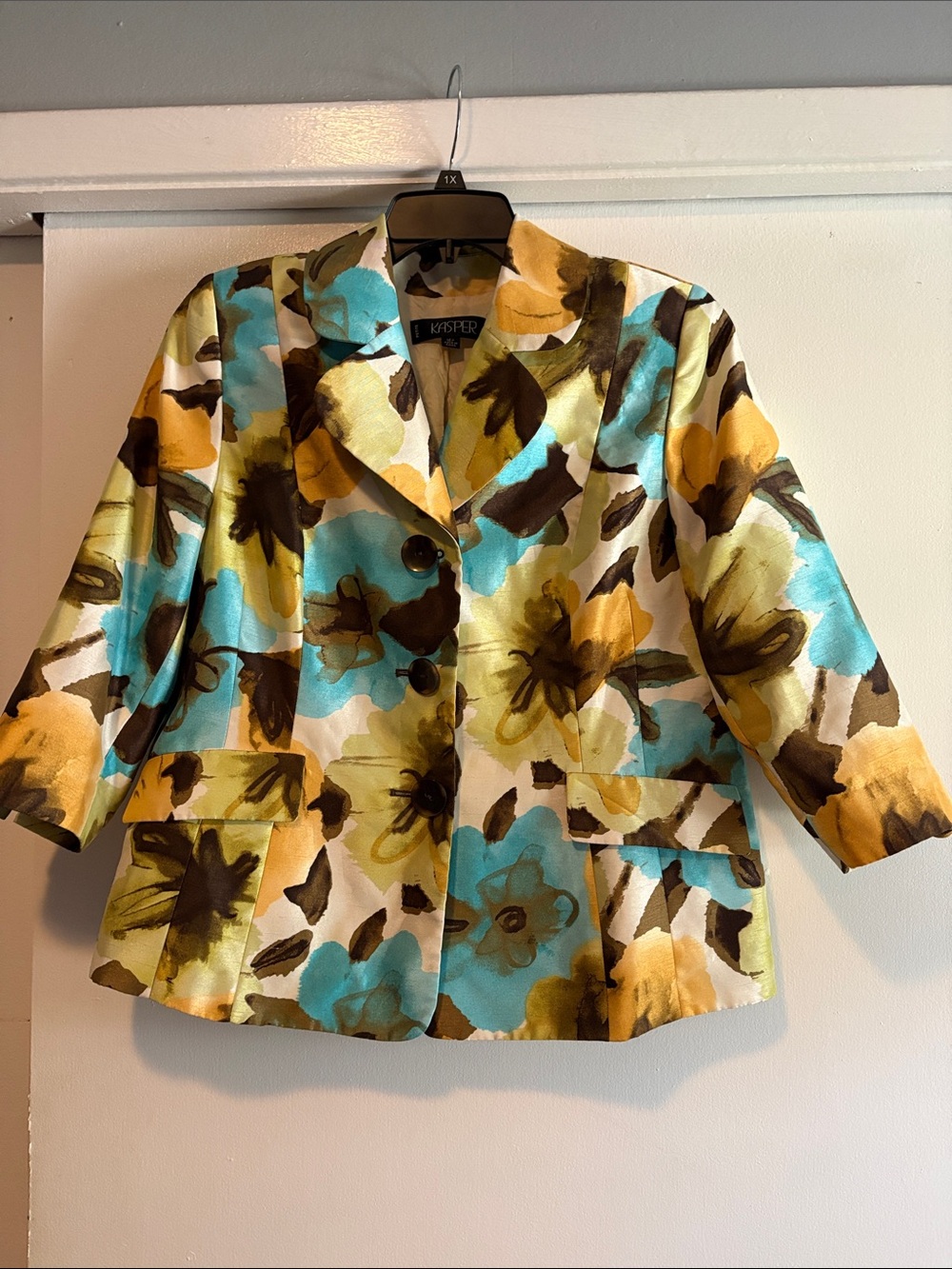 Kasper Floral Short Blazer Jacket in Turquoise, Mustard & Brown